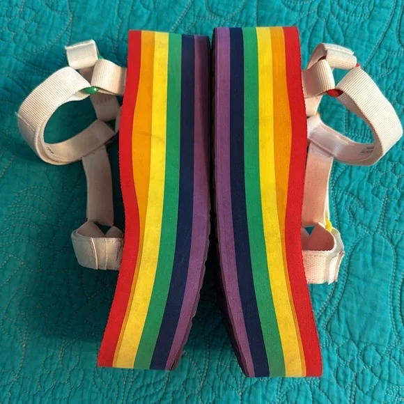Teva Platform Sandals with Rainbow Sole and White Straps - Picture 3 of 7
